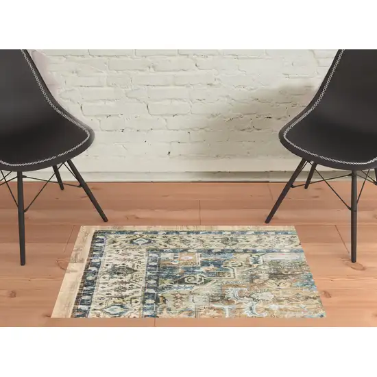 Blue And Gold Oriental Printed Non Skid Area Rug Photo 3