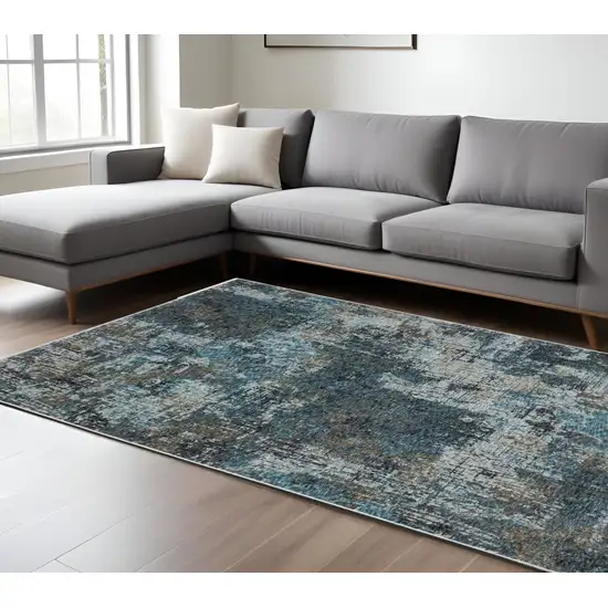 Blue And Gray Abstract Distressed Area Rug With Fringe Photo 1