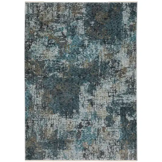 Blue And Gray Abstract Distressed Area Rug With Fringe Photo 2