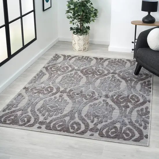 Blue And Gray Damask Indoor Outdoor Area Rug Photo 5