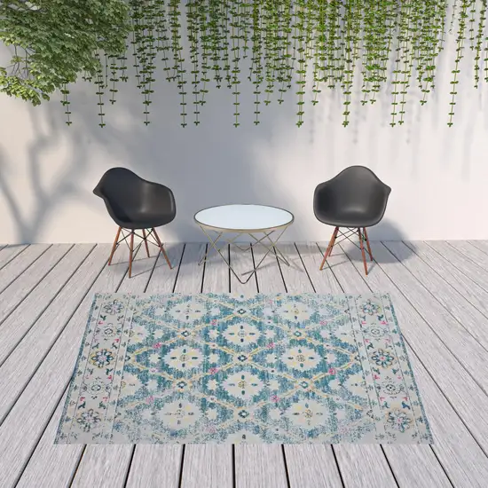 Blue And Gray Floral Stain Resistant Indoor Outdoor Area Rug Photo 2