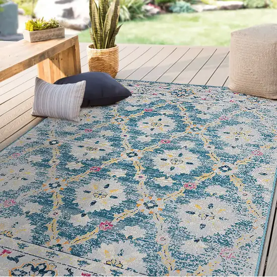 Blue And Gray Floral Stain Resistant Indoor Outdoor Area Rug Photo 8