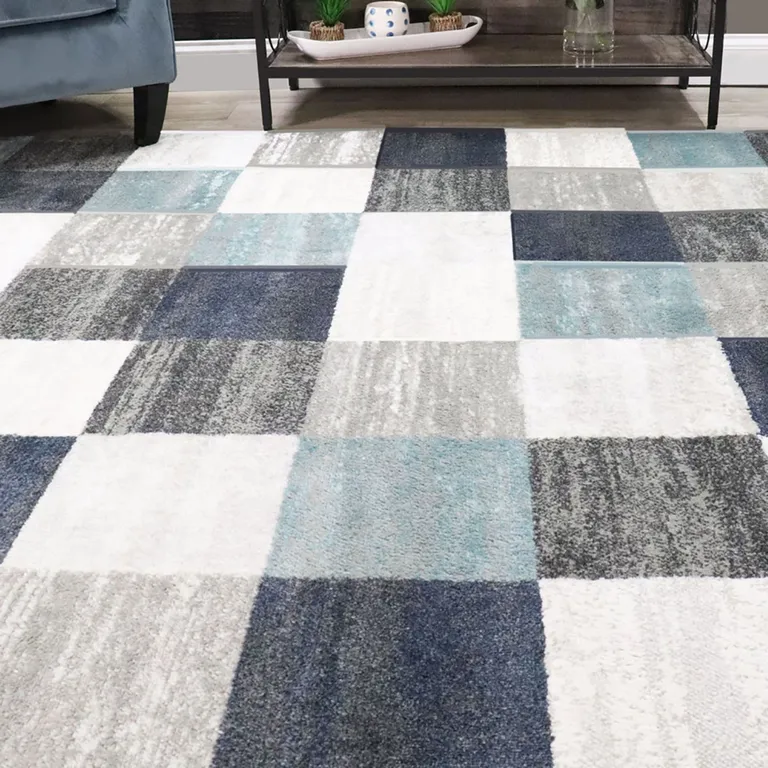 Blue And Gray Geometric Power Loom Stain Resistant Area Rug Photo 4