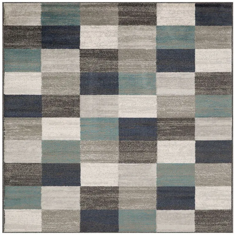 Blue And Gray Geometric Power Loom Stain Resistant Area Rug Photo 1