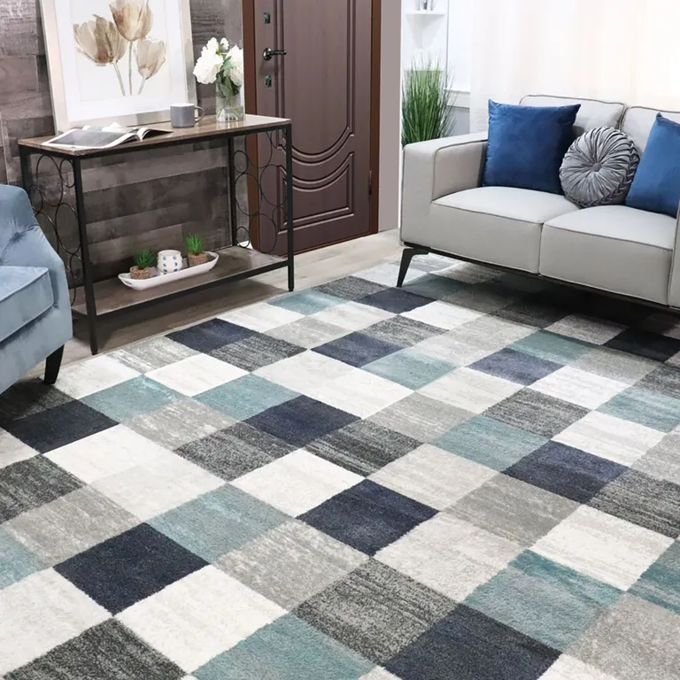 Blue And Gray Geometric Power Loom Stain Resistant Area Rug Photo 5