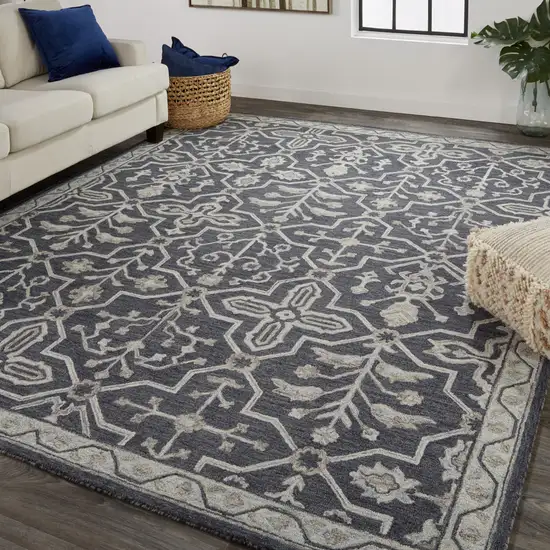 Blue And Gray Wool Floral Tufted Handmade Stain Resistant Area Rug Photo 7