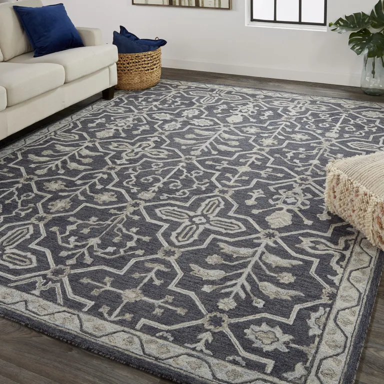 Blue And Gray Wool Floral Tufted Handmade Stain Resistant Area Rug Photo 4