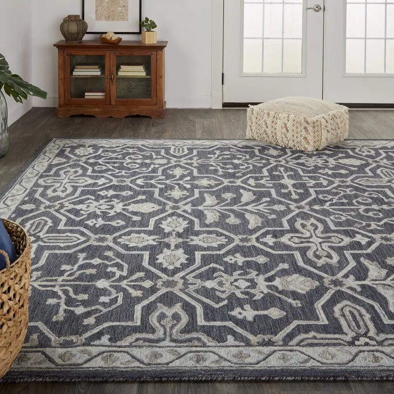 Blue And Gray Wool Floral Tufted Handmade Stain Resistant Area Rug Photo 5