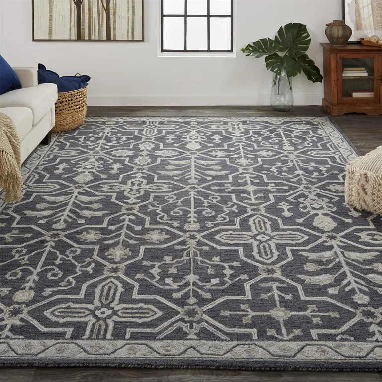 Blue And Gray Wool Floral Tufted Handmade Stain Resistant Area Rug Photo 3