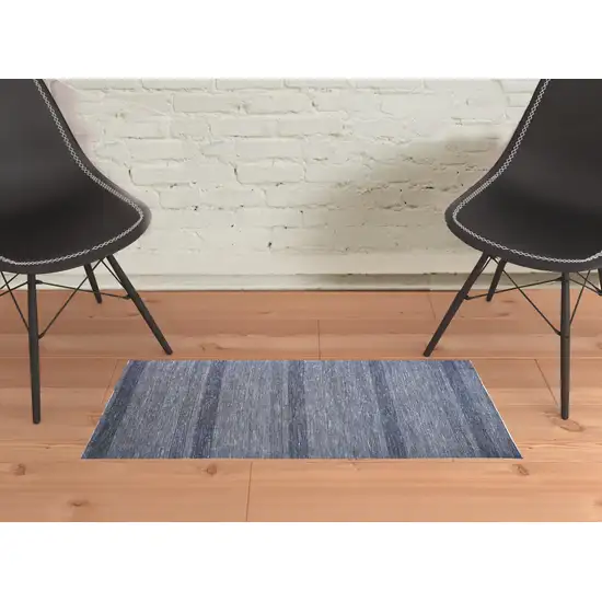 Blue And Gray Wool Striped Hand Knotted Area Rug Photo 2