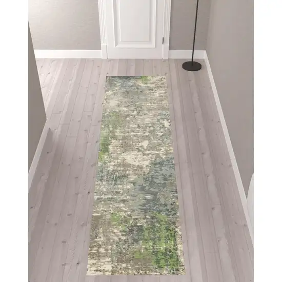 Blue And Green Abstract Hand Loomed Stain Resistant Runner Rug Photo 2