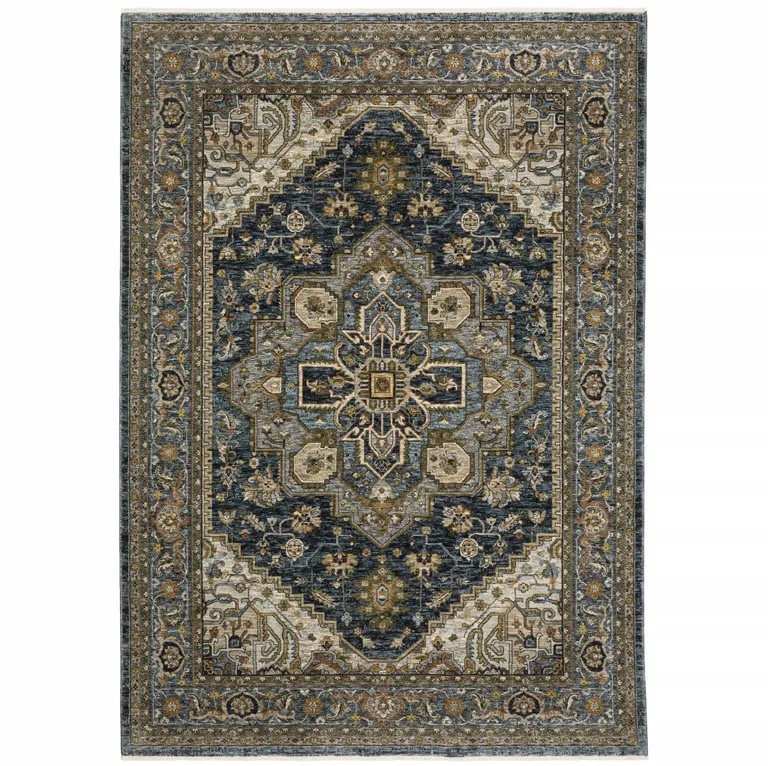 Blue And Green Oriental Power Loom Area Rug With Fringe Photo 1