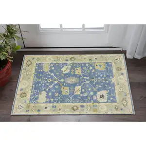 Photo of Blue And Green Wool Oriental Hand Knotted Area Rug With Fringe