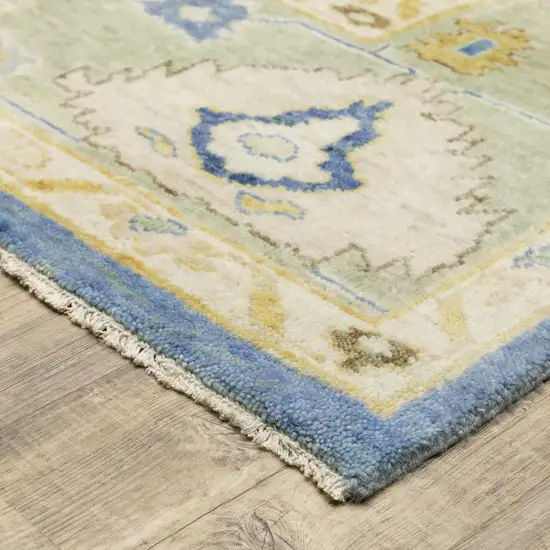 Blue And Green Wool Oriental Hand Knotted Area Rug With Fringe Photo 6