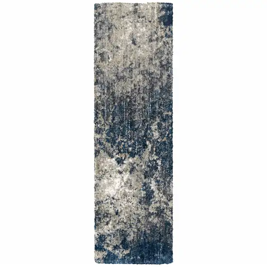 Blue And Grey Abstract Shag Power Loom Stain Resistant Runner Rug Photo 1