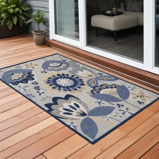 Blue And Grey Floral Non Skid Indoor Outdoor Area Rug Photo 1