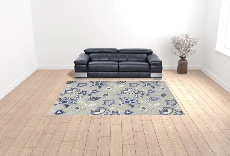 Blue And Grey Floral Stain Resistant Non Skid Area Rug Photo 2