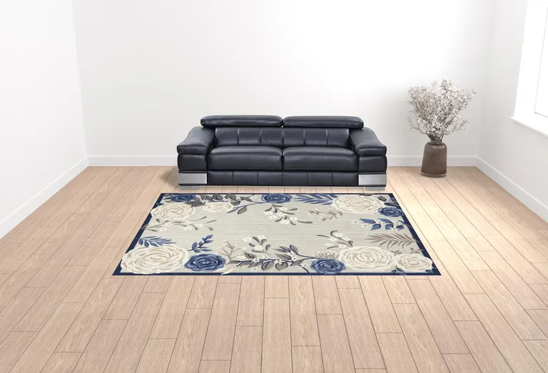 Blue And Grey Floral Stain Resistant Non Skid Area Rug Photo 2