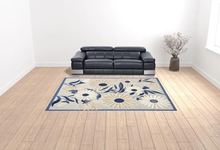 Blue And Grey Floral Stain Resistant Non Skid Area Rug Photo 3