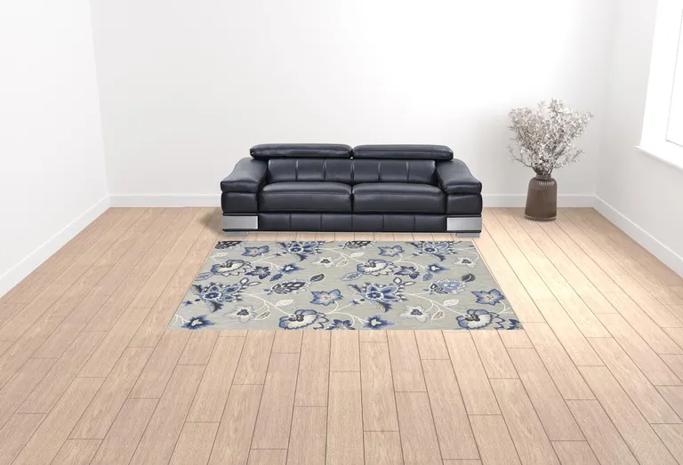 Blue And Grey Floral Stain Resistant Non Skid Area Rug Photo 2