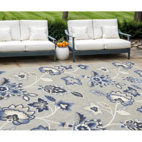 Blue and Gray Floral Non Skid Indoor Outdoor Area Rug Photo 1