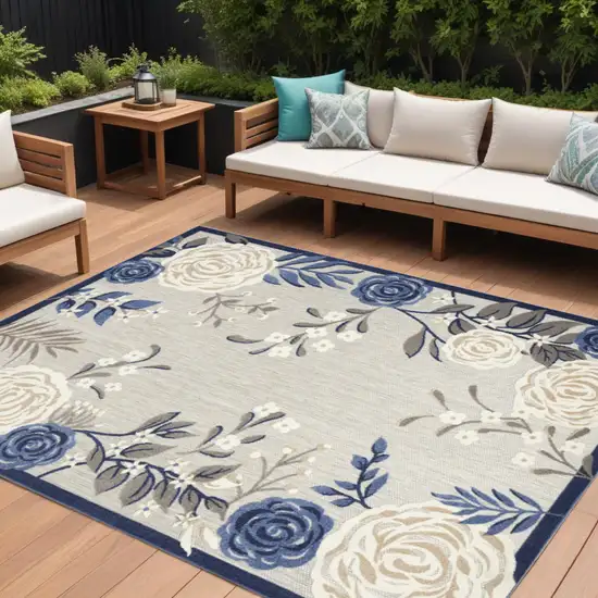 Blue And Grey Floral Stain Resistant Non Skid Area Rug Photo 1