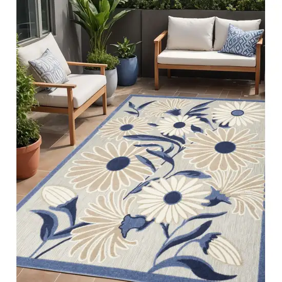 Blue and Gray Floral Non Skid Indoor Outdoor Area Rug Photo 1