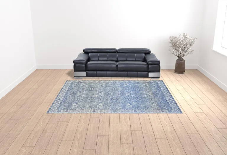 Blue And Grey Oriental Power Loom Stain Resistant Area Rug Photo 3