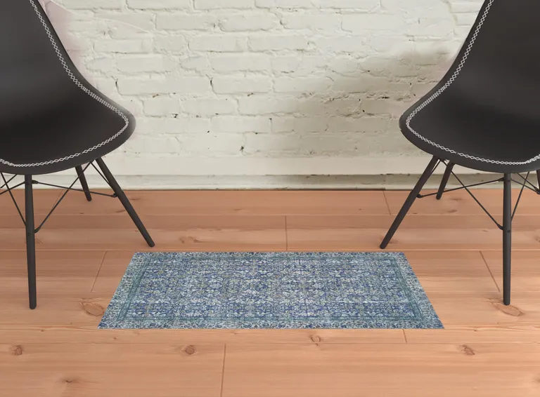 Blue And Grey Oriental Power Loom Stain Resistant Area Rug Photo 2