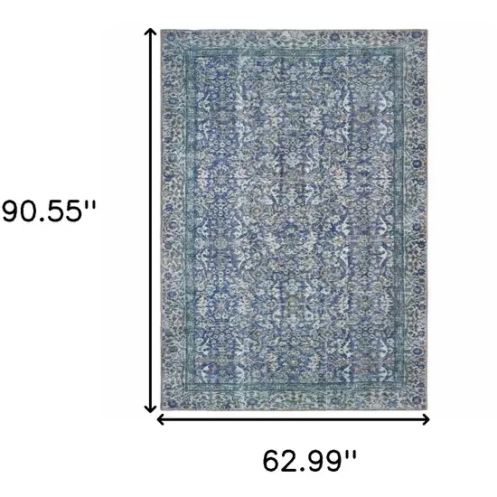 Blue And Grey Oriental Power Loom Stain Resistant Area Rug Photo 5