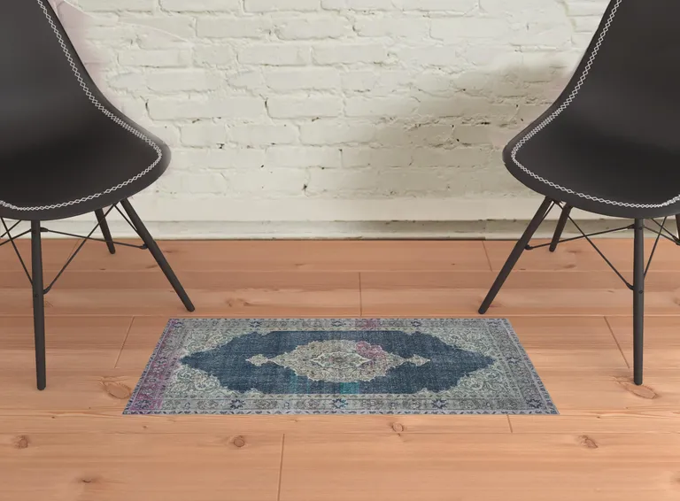 Blue And Grey Oriental Power Loom Stain Resistant Area Rug Photo 2