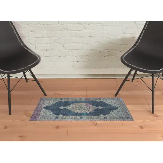 Blue And Grey Oriental Power Loom Stain Resistant Area Rug Photo 2