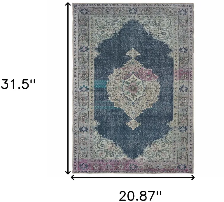 Blue And Grey Oriental Power Loom Stain Resistant Area Rug Photo 5