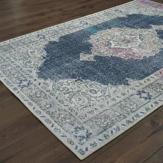 Blue And Grey Oriental Power Loom Stain Resistant Area Rug Photo 4