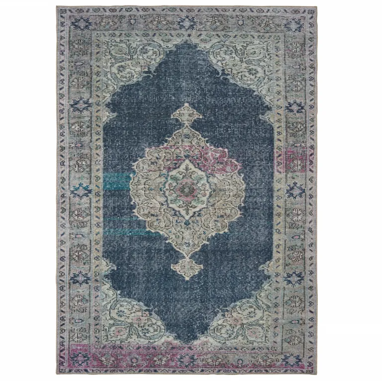 Blue And Grey Oriental Power Loom Stain Resistant Area Rug Photo 1