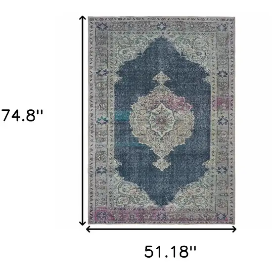 Blue And Grey Oriental Power Loom Stain Resistant Area Rug Photo 5