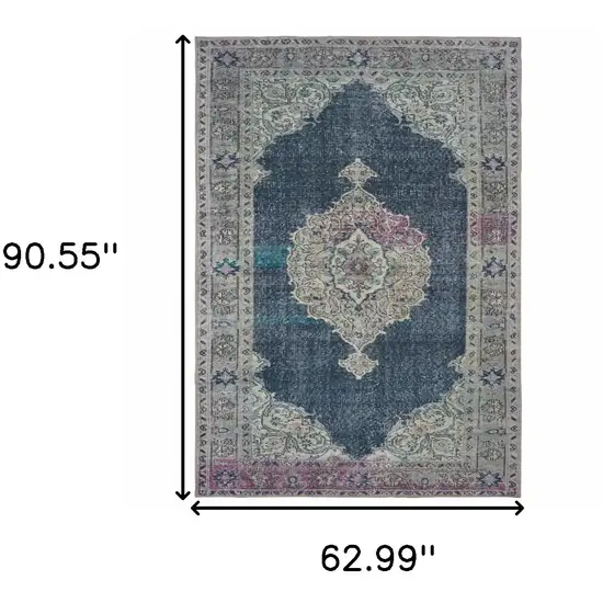 Blue And Grey Oriental Power Loom Stain Resistant Area Rug Photo 5