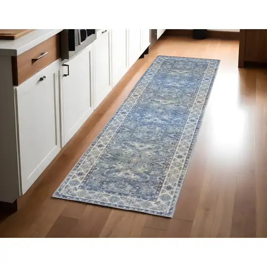 8' Blue and Gray Oriental Power Loom Runner Rug Photo 1