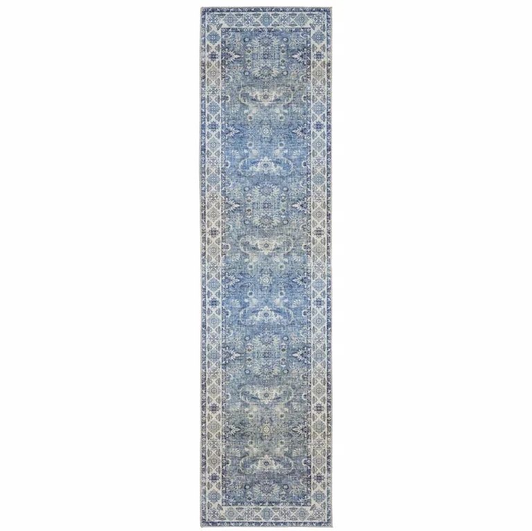 Blue And Grey Oriental Power Loom Stain Resistant Runner Rug Photo 1