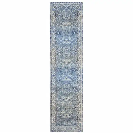 Blue And Grey Oriental Power Loom Stain Resistant Runner Rug Photo 1