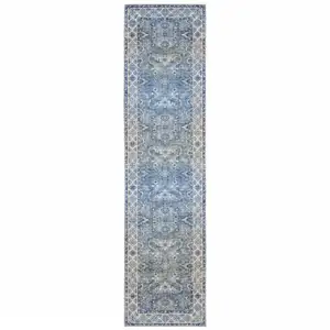 Photo of Blue And Grey Oriental Power Loom Stain Resistant Runner Rug