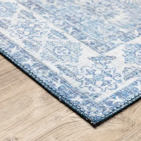 Blue And Grey Oriental Power Loom Stain Resistant Runner Rug Photo 4