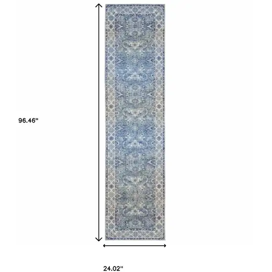 Blue And Grey Oriental Power Loom Stain Resistant Runner Rug Photo 9