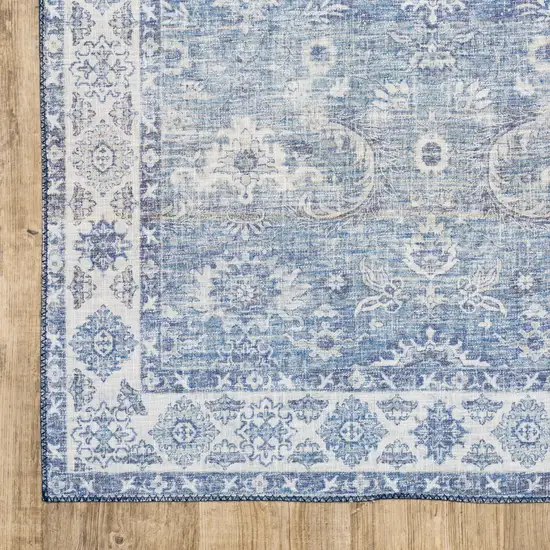 Blue And Grey Oriental Power Loom Stain Resistant Runner Rug Photo 2