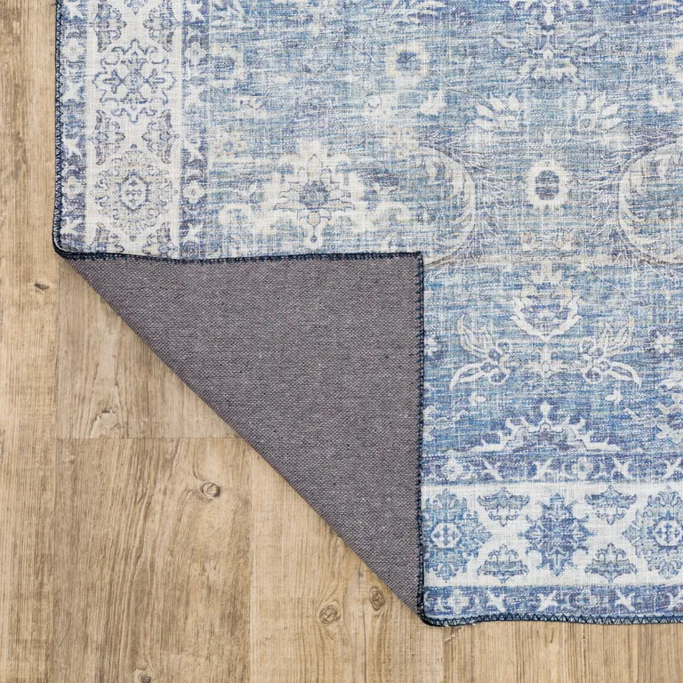 Blue And Grey Oriental Power Loom Stain Resistant Runner Rug Photo 5