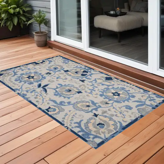 Blue And Grey Toile Non Skid Indoor Outdoor Area Rug Photo 1