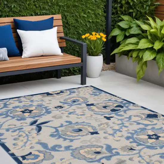 Blue And Grey Toile Non Skid Indoor Outdoor Area Rug Photo 1