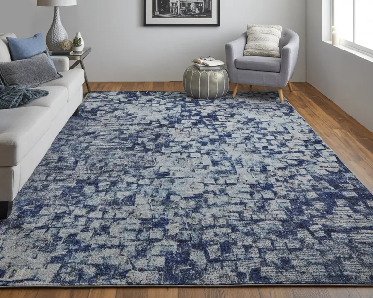 Blue And Ivory Abstract Power Loom Distressed Stain Resistant Area Rug Photo 2