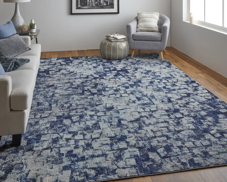 Blue And Ivory Abstract Power Loom Distressed Stain Resistant Area Rug Photo 3