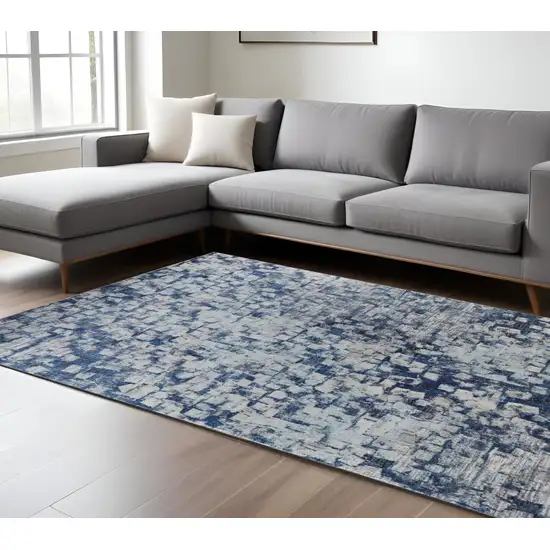 Blue and Ivory Abstract Power Loom Distressed Non Skid Area Rug Photo 1